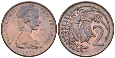 Новая Зеландия 2 цента 1971 Елизавета II (1952-2022), два цветка каухаи KM 32.1 бронза  UNC  4176-455