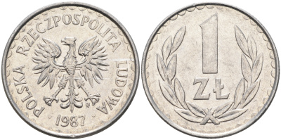 ПОЛЬША 1 ЗЛОТЫЙ 1987 MW KM 49.2 алюминий 4591-722