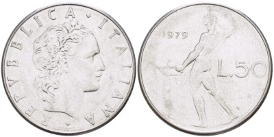ИТАЛИЯ 50 ЛИР 1979 R, КУЗНЕЦ, ВУЛКАН БОГ ОГНЯ, ДИАМЕТР 25 ММ. KM 95.1 нержавеющая сталь 108-1041