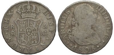 Испания 2 реала 1808 M AL, мондвор (Мадрид), Карлос IIII (1788-1808) KM 430.1 ( C69.1) серебро 650-813