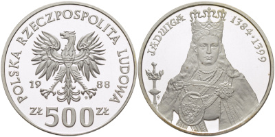 Польша 500 злотых 1988 MW, серия польские короли, королева Ядвига (1384-1399), тираж 8000 экземпляров KM 181, Parchimowicz 333 серебро  PROOF  1085-2-11