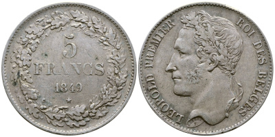 Бельгия 5 франков 1849 Леопольд I (1831-1865), в венке KM 3.2 серебро 74-1025