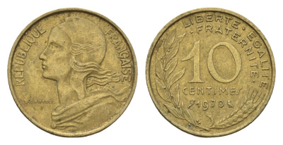 Франция 10 сантимов 1970 KM 929 алюминиевая бронза 4674-564