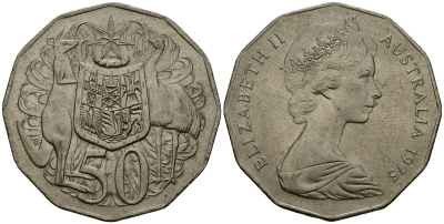 Австралия 50 центов 1975 Елизавета II (1952-2022), герб Австралии, кенгуру KM 68 медно-никель 4558-213