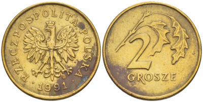 ПОЛЬША 2 ГРОША 1991 MW KM 277 латунь 4549-212