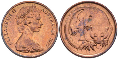 АВСТРАЛИЯ 1 ЦЕНТ 1977 ЕЛИЗАВЕТА II, МОЛОДОЙ ПОРТРЕТ, ОПОССУМ KM 62 бронза UNC 100-836