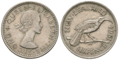 Новая Зеландия 6 пенсов 1963 Елизавета II (1952-2022) KM 26.2 медно-никель 4621-213