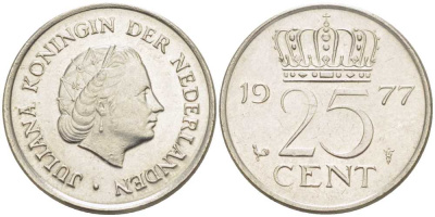 Нидерланды 25 центов 1977 Юлиана (1948-1980) KM 183 никель 214-1115