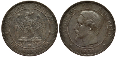 Франция 10 сантимов 1855 BB, Наполеон III (1852-1870) KM 771.3, LE FRANC 133.23 бронза aUNC 1516-1611