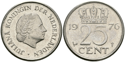 НИДЕРЛАНДЫ 25 ЦЕНТОВ 1976 ЮЛИАНА KM 183 никель 96-242