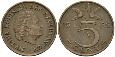 Нидерланды 5 центов 1956 Юлиана (1948-1980) KM 181 бронза 4579-621