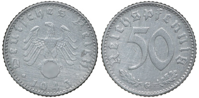 Германия 50 рейхспфеннигов 1943 G цена по каталогу МТ 70 евро J. 372, KM 96 алюминий 72-1335