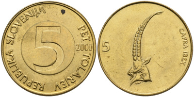 Словения 5 толаров 2000 ибекс, альпийский горный козёл KM 6 латунь 4556-1244