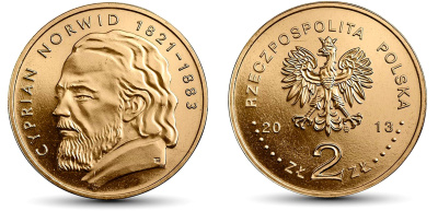 Польша 2 злотых 2013 MW, Циприан Камиль Норвид KM 856 нордик UNC 4676-947