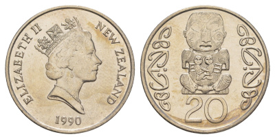Новая Зеландия 20 центов 1990 Елизавета II (1952-2022), идол Пукаки KM 81 медно-никель UNC 84-122