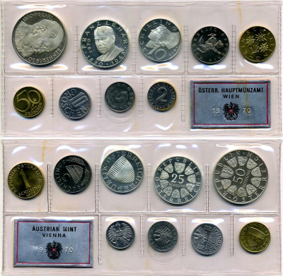 Австрия набор из 9 монет 1970 оригинальная упаковка, запайка, три монеты серебро, монетный двор Вена KM PS 15 серебро PROOF 3-4-8-7
