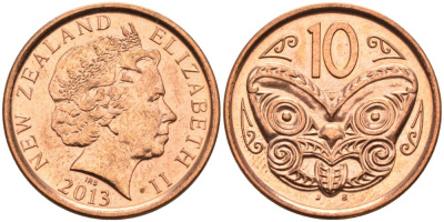 Новая Зеландия 10 центов 2013 маска Маори, Елизавета II (1952-) KM 117а сталь плакированная медью 92-813