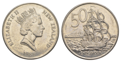 Новая Зеландия 50 центов 1988 Елизавета II (1952-2022), парусник Индевор KM 63 медно-никель 4384-1045