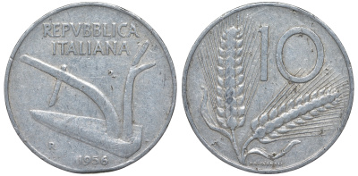 Италия 10 лир 1956 R, колосья KM 93 алюминий 4543-516