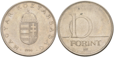 Венгрия 10 форинтов 1994 KM 695 латунь плакированная медно-никелем UNC 4563-955