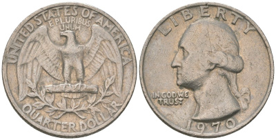 США 25 центов (квотер) 1970 Вашингтон KM 164a медь плакированная медно-никелем 4601-1253