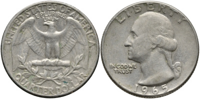 США 25 центов (квотер) 1965 Вашингтон KM 164a медь плакированная медно-никелем 4390-916