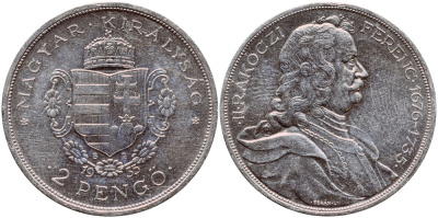 Венгрия 2 пенге 1935 50 лет со дня смерти Ференца II Ракоци KM 514 серебро aUNC 3896-724