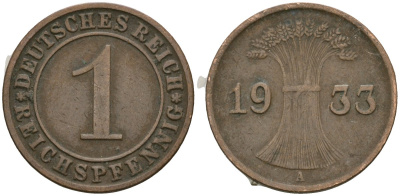 Германия 1 рейхспфенниг 1933 A KM 37, J. 313 бронза 4189-1215