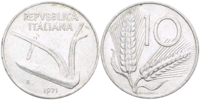 ИТАЛИЯ 10 ЛИР 1971 R, КОЛОСЬЯ, ПЛУГ KM 93 алюминий 4513-716