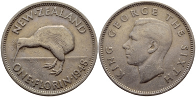 Новая Зеландия 1 флорин 1948 Георг VI (1937-1952), птичка киви, первый год KM 18 медно-никель 4590-521