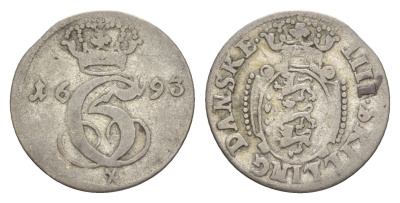 Дания, Глюкштадт 4 датских скиллинга 1693 Кристиан V (1670-1699) KM 79 серебро 650-325