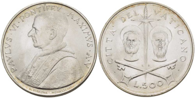 Ватикан 500 лир 1967 V год, Павел VI (1963-1978), Святые Петр и Павел KM 99 серебро    4512-833