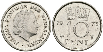 НИДЕРЛАНДЫ 10 ЦЕНТОВ 1973 ЮЛИАНА KM 182 никель 96-511