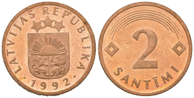 Латвия 2 сантима 1992 KM 21 сталь плакированная медью UNC 4621-465