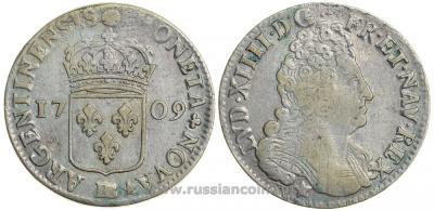 Франция 1/2 экю 1709 BB, Людовик XIV KM 409.2 серебро 00-819-03