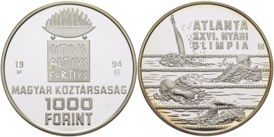 Венгрия 1000 форинтов 1994 XXVI Олимпийские игры в Атланте, плавание KM 712 серебро PROOF 1081-4-12
