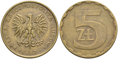 Польша 5 злотых 1987 MW, Народная Республика KM 81.2, Parchimowicz 222b латунь 4556-1231