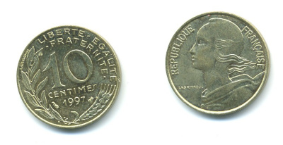 ФРАНЦИЯ 10 САНТИМОВ 1997 ТИП MARIANNE KM 929 медь алюминий никель 84-1648