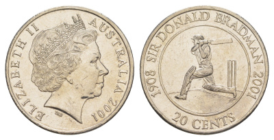 Австралия 20 центов 2001 Жизнь сэра Дональда Брэдмана 1908-2001 KM 589 медно-никель UNC 4652-525