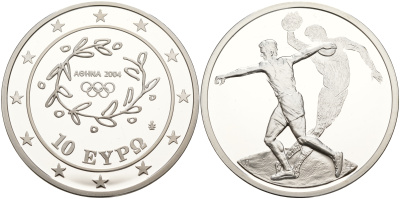 Греция 10 евро 2003 XXVIII летние Олимпийские игры 2004 года в Афинах, метание диска, дискобол KM 191 серебро PROOF 11-244-12