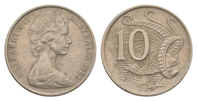 Австралия 10 центов 1982 Елизавета II (1952-2022), птица лирахвост KM 65 медно-никель 4364-1643