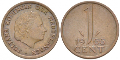 НИДЕРЛАНДЫ 1 ЦЕНТ 1966 ЮЛИАНА KM 180 бронза 3457-1216
