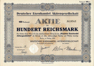 Германия 100 рейхсмарок 1932 Немецкое акционерное общество по торговле железом, акция   бумага   8801-83-1