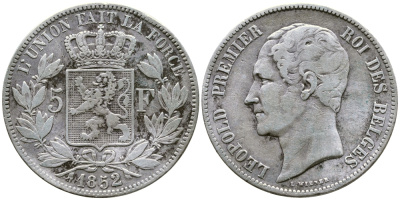 Бельгия 5 франков 1852 Леопольд I (1831-1865) KM 17 серебро 00-1067-5-43