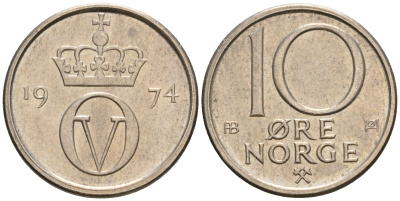 Норвегия 10 эре 1974 Улаф V (1958-1991) KM 416 медно-никель 4608-345