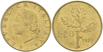 ИТАЛИЯ 20 ЛИР 1973 R, ДУБОВЫЕ ЛИСТЬЯ KM 97.2 алюминиевая бронза 4519-654