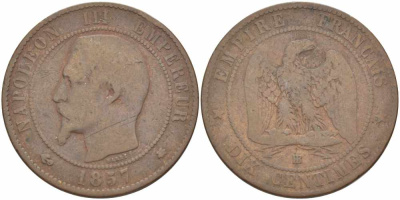 Франция 10 сантимов 1857 BB, Наполеон III (1852-1870) KM 771.3, Le Franc 133.41 бронза    4680-643