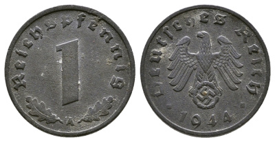 ГЕРМАНИЯ 1 РЕЙХСПФЕННИГ 1944 А KM 97, J. 369 цинк 4380-164