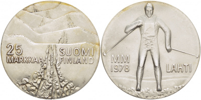 Финляндия 25 марок 1978 K-N, 21 Чемпионат мира по лыжным видам спорта 1978 в Лахти KM 56 серебро UNC 1515-1312
