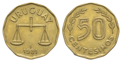 Уругвай 50 сентесимо 1981 KM 68 алюминиевая бронза 4637-1215